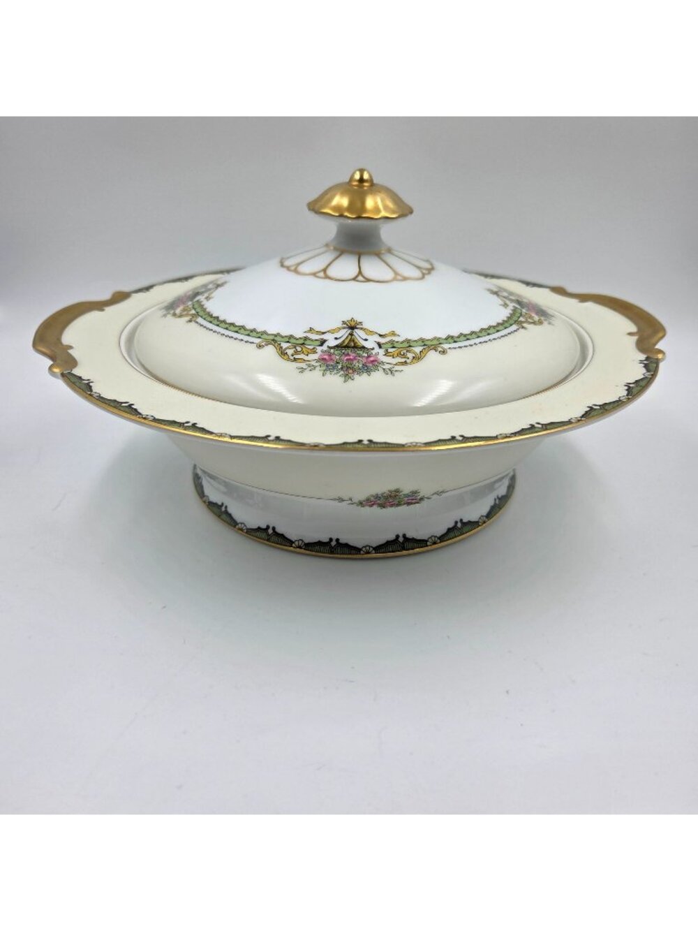 Noritake Penelope Round Covered Vegetable Green Border Pink Roses Urn Gold Trim